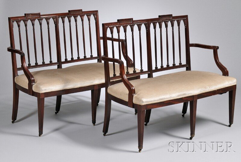 Pair of Federal-style Upholstered Carved Mahogany: Pair of Federal-style Upholstered Carved Mahogany Settees, ht. 35 3/4, lg. 42 1/2 in.