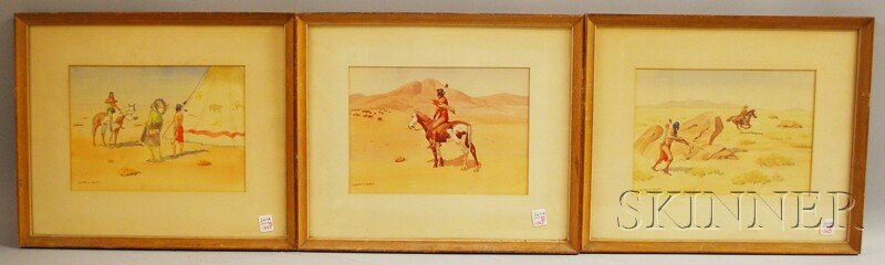 Leonard H. Reedy (American, 1899-1956) Three Work: Leonard H. Reedy (American, 1899-1956) Three Works Depicting American Indians and the West. Each signed l.l. Watercolor on paper, sight size 8 x 11 1/2 in., framed, each with a Findlay Galleries, Chic