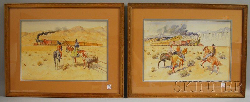 Leonard H. Reedy (American, 1899-1956) Two Works: Leonard H. Reedy (American, 1899-1956) Two Works Depicting Railroads in the American West with Cowboys and Indians. Each signed l.l. Watercolor on paper, sight size 13 3/4 x 20 in., framed, (not exami