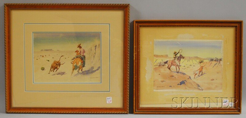 Leonard H. Reedy (American 1899-1956) Two Works D: Leonard H. Reedy (American 1899-1956) Two Works Depicting Western Cowboys. Including Climbing the Arroyo. Each signed l.l. Watercolor on paper, 8 3/4 x 11 1/2 and sight size 8 1/4 x