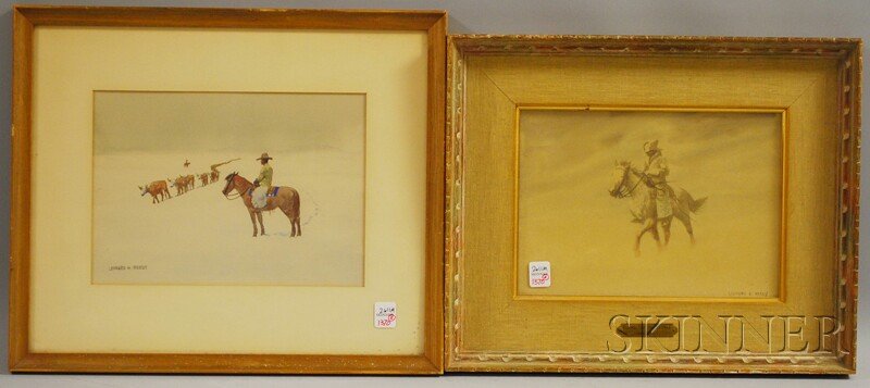 Leonard H. Reedy (American, 1899-1956) Two Works: Leonard H. Reedy (American, 1899-1956) Two Works Depicting Western Cowboys in Winter. Including Riding out the Storm. Each signed l.l. Watercolor on paper, sight sizes 7 3/4 x 11 an