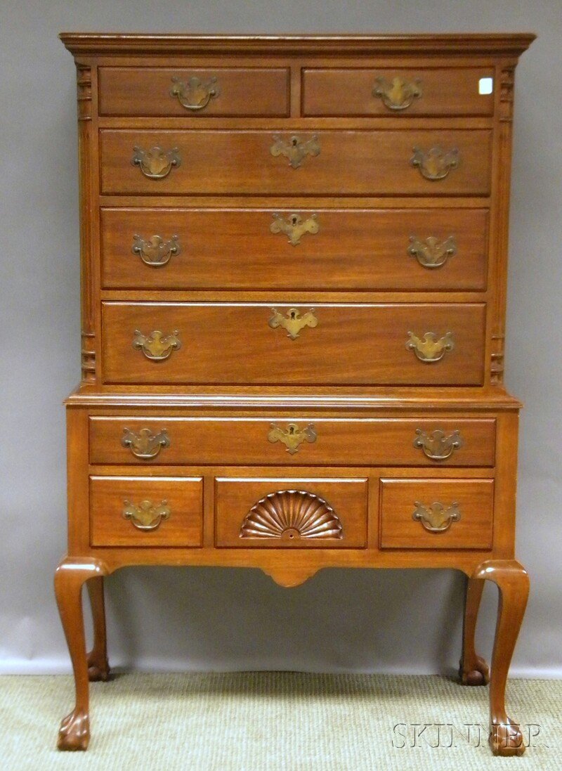 Chippendale-style Carved Mahogany Flat-top Highbo: Chippendale-style Carved Mahogany Flat-top Highboy, in two parts, ht. 57 3/4, wd. 37 in.