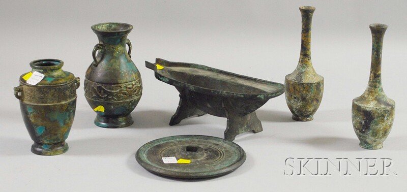 Six Chinese Archaic-style Bronze Articles, five v: Six Chinese Archaic-style Bronze Articles, five vases and an herb chopping wheel with trough.