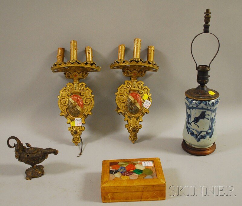 Five Assorted Decorative Items, a Baroque-style g: Five Assorted Decorative Items, a Baroque-style gilt-metal oil lamp, a marble specimen-inset leather-clad box, a pair of Renaissance-style cast brass three-light wall sconces, and a Delft pottery jar/