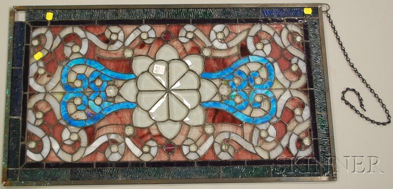 Leaded Jeweled Art Glass Panel, 32 1/2 x 18 1/2 i: Leaded Jeweled Art Glass Panel, 32 1/2 x 18 1/2 in.