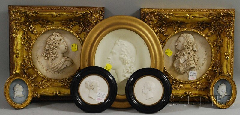 Seven Miniature and Small Profile Portrait Busts,: Seven Miniature and Small Profile Portrait Busts, most 19th century, including three pairs, jasper, composition, marble, and plaster.