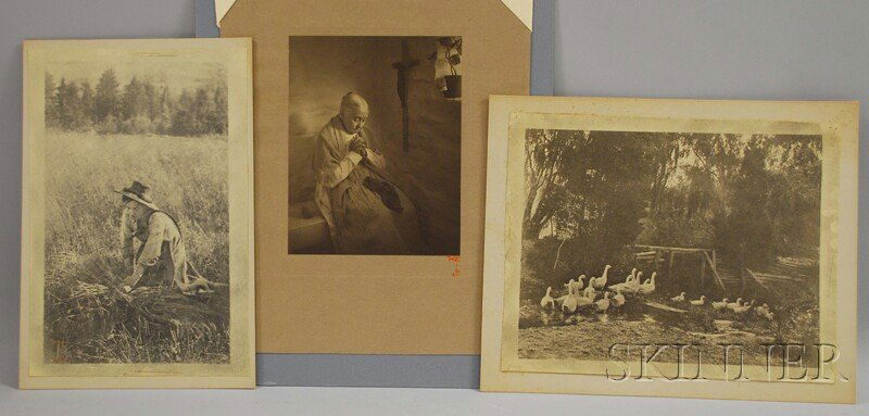 Rudolf Eickemeyer (American, 1862-1932) Three Pho: Rudolf Eickemeyer (American, 1862-1932) Three Photographic Prints. Full or partial red monogram at corner. Including a portrait of a mother titled Vesper Bells, a farmer harvesting wheat, and ducks