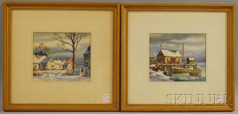 John Cuthbert Hare (American, 1908-1978) Two Coas: John Cuthbert Hare (American, 1908-1978) Two Coastal Views in Snow: Village Houses and Wharf. Both signed "John Hare" l.r. Watercolor on paper, sight sizes 6 7/8 x 8 1/8 in., framed. C