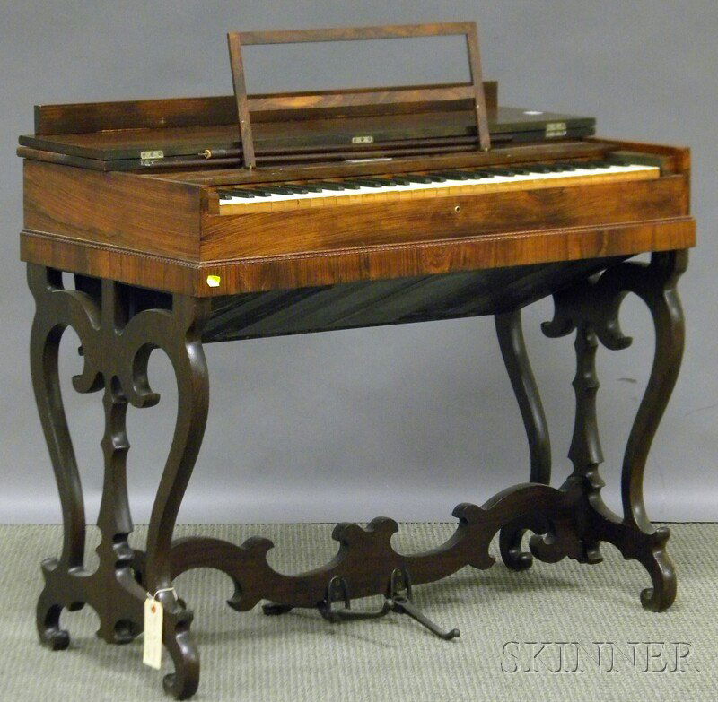 Victorian Rosewood Veneer Melodeon, Herald J. Pot: Victorian Rosewood Veneer Melodeon, Herald J. Potter, Bristol, Connecticut, (not working, pedal stretcher detached), ht. 30, lg. 37, wd. 19 in.