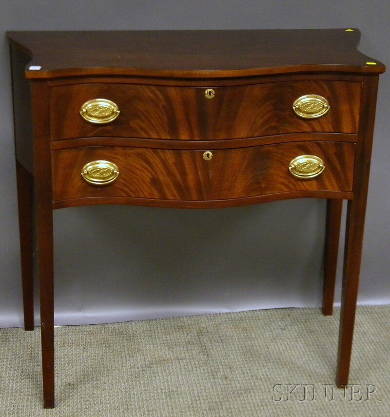 Federal-style Mahogany and Mahogany Veneer Serpen: Federal-style Mahogany and Mahogany Veneer Serpentine Two-drawer Server, ht. 34 3/4, lg. 36 3/4, wd. 17 1/2 in.