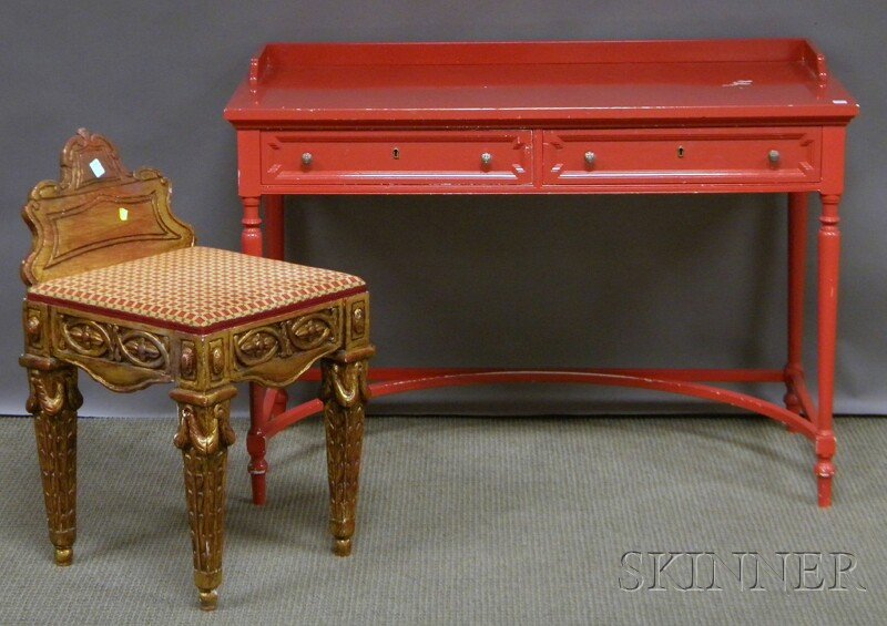Painted Regency-style Vanity and an Italian Neocl: Painted Regency-style Vanity and an Italian Neoclassical-style Carved Giltwood Vanity Chair, vanity overall ht. 31, wd. 43 1/2 in.