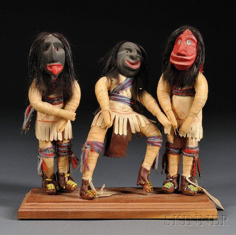 Three Iroquois False Face Dancers, ht. to 8 in.: Three Iroquois False Face Dancers, ht. to 8 in.