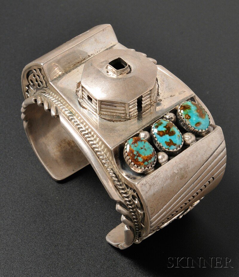 Unusual Navajo Turquoise Bracelet, with a Navajo h: Unusual Navajo Turquoise Bracelet, with a Navajo hogan done in relief, various stamp work and foliate designs, with three oval turquoise settings, stamped on the inside H. Boyd, Sterling, inner dia. 2
