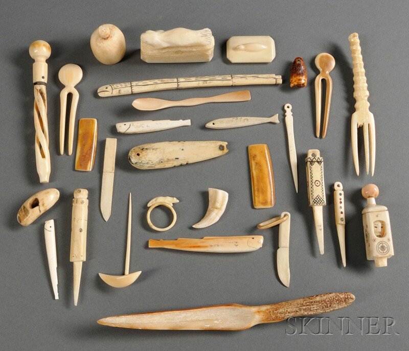 Group of Miscellaneous Ivory Items, includes a rin: Group of Miscellaneous Ivory Items, includes a ring with a fox, a fork, and various items for the tourist market, lg. to 7 in. Provenance: The Bear Totem Store.