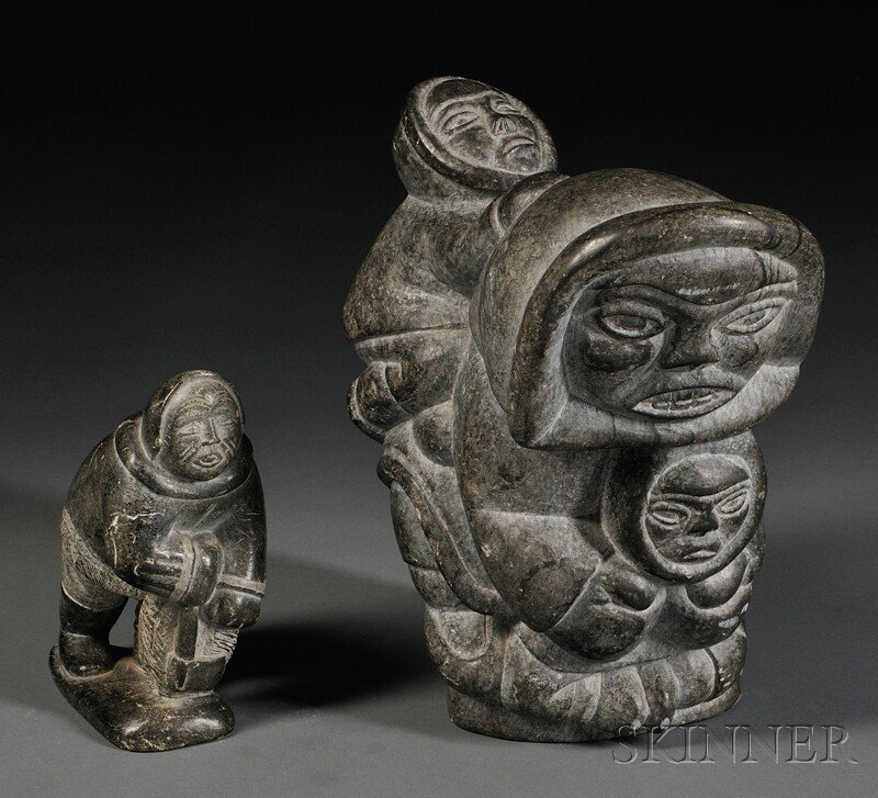 Two Inuit Carved Soapstone Figurines, both signed,: Two Inuit Carved Soapstone Figurines, both signed, ht. to 9 1/2 in.