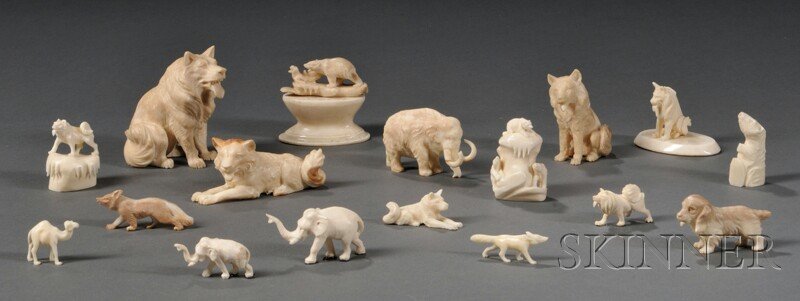 Large Group of Ivory Animal Carvings, possibly mad: Large Group of Ivory Animal Carvings, possibly made in Japan, ht. to 2 1/2 in. Provenance: The Bear Totem Store.