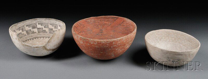 Three Anasazi Bowls, one redware, (damage), dia. t: Three Anasazi Bowls, one redware, (damage), dia. to 8 1/4 in.