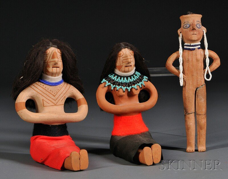 Three Mojave Painted Pottery Figures, two contempo: Three Mojave Painted Pottery Figures, two contemporary, ht. to 7 in.