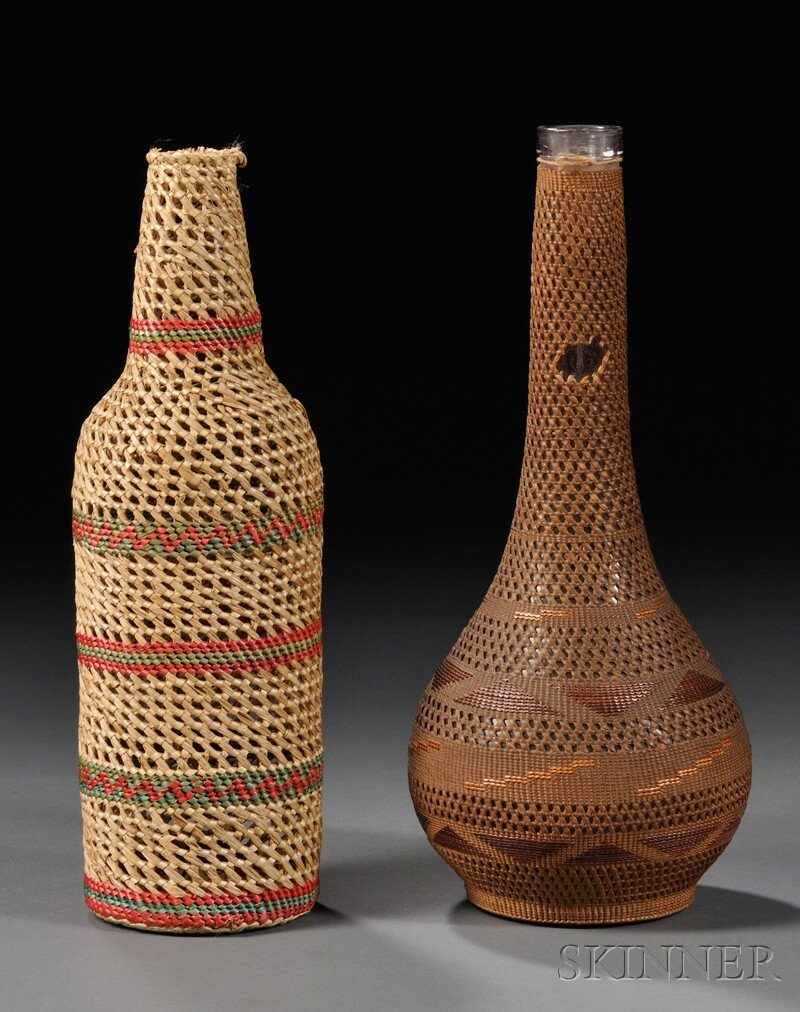 Two Basketry Bottles, Makah twined bottle cover an: Two Basketry Bottles, Makah twined bottle cover and a finely twined Tlingit bottle and cover, ht. to 11 in. Provenance: The Bear Totem Store.