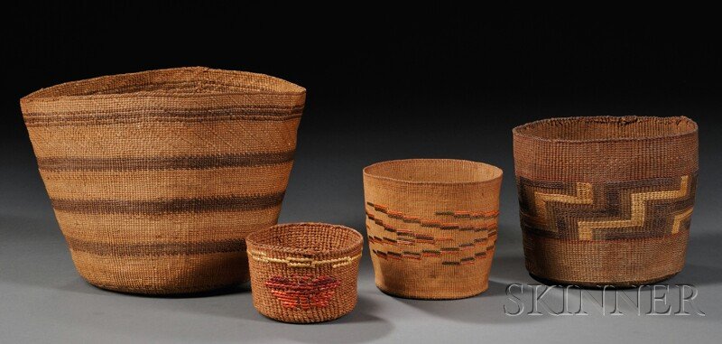 Four Northwest Coast Twined Baskets, ht. to 6 1/2: Four Northwest Coast Twined Baskets, ht. to 6 1/2 in. Provenance: The Bear Totem Store.