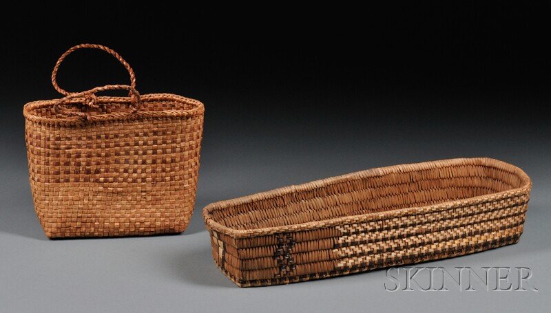 Two Northwest Coast Basketry Items, includes Salis: Two Northwest Coast Basketry Items, includes Salish baby carrier, lg. to 18 in. Provenance: The Bear Totem Store.