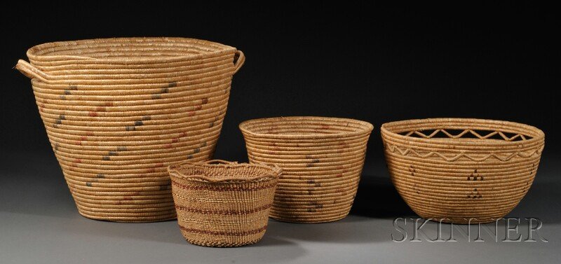 Four Polychrome Eskimo Coiled Baskets, ht. to 13 1: Four Polychrome Eskimo Coiled Baskets, ht. to 13 1/4 in. Provenance: The Bear Totem Store.