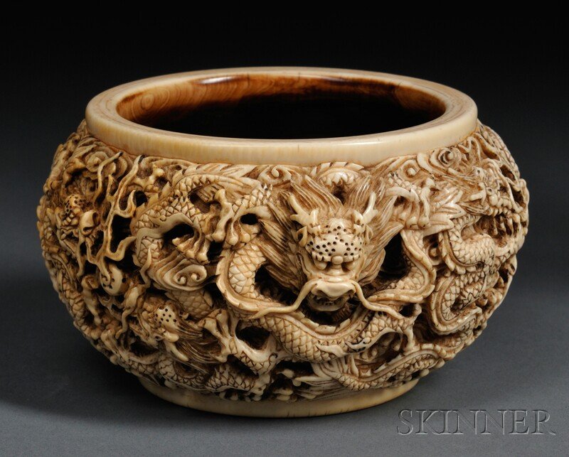 Ivory Water Coupe, China, 19th century, circular,: Ivory Water Coupe, China, 19th century, circular, carved in relief with dragons chasing a flaming jewel, with "Qianlong yu zhi" mark on base, dia. 4 1/2, ht. 3 in.