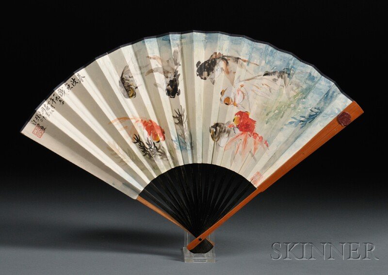 Fan Painting, China, ink and color on paper, paint: Fan Painting, China, ink and color on paper, painting in the manner of Wang Yachen, depicting goldfish on one side, calligraphy on the back, inscribed, bears signature, with two seals total, lg. 12 in