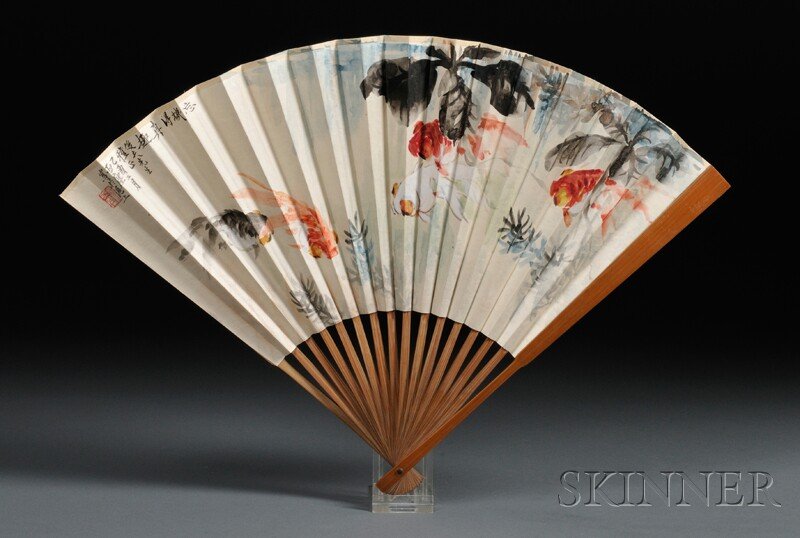 Fan Painting, China, ink and color on paper, paint: Fan Painting, China, ink and color on paper, painting in the manner of Wang Ya Chen (1894-1983), depicting goldfish on one side, reverse with calligraphy in the manner of Wu Zheng (1878ù1949), inscri