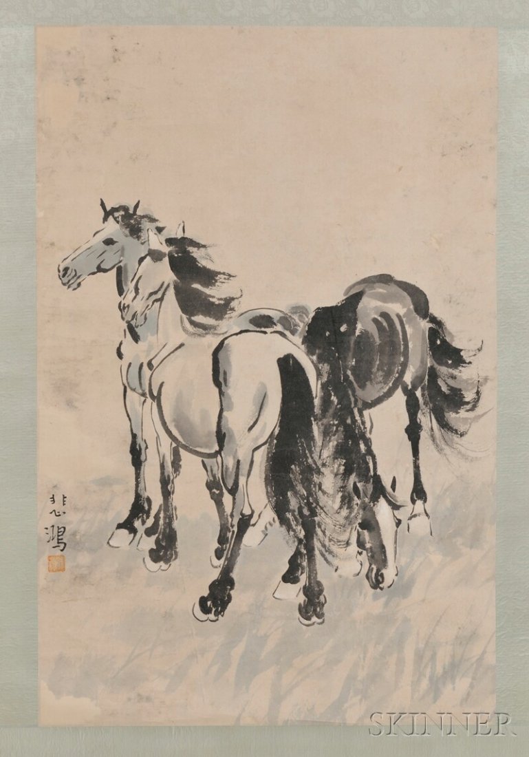 Hanging Scroll, China, ink and color on paper, in: Hanging Scroll, China, ink and color on paper, in the manner of Xu Beihong (1895-1953), depicting two horses, bears signature, with one seal, 23 x 33 in.