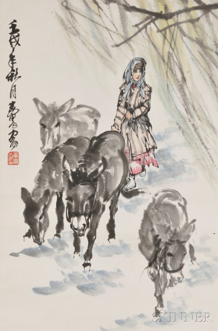 Hanging Scroll, China, ink and color on paper, in: Hanging Scroll, China, ink and color on paper, in the manner of Huangzhou (1925-1997), depicting a girl with donkeys, dated, bears signature, with one seal, 18 x 26 1/2 in.