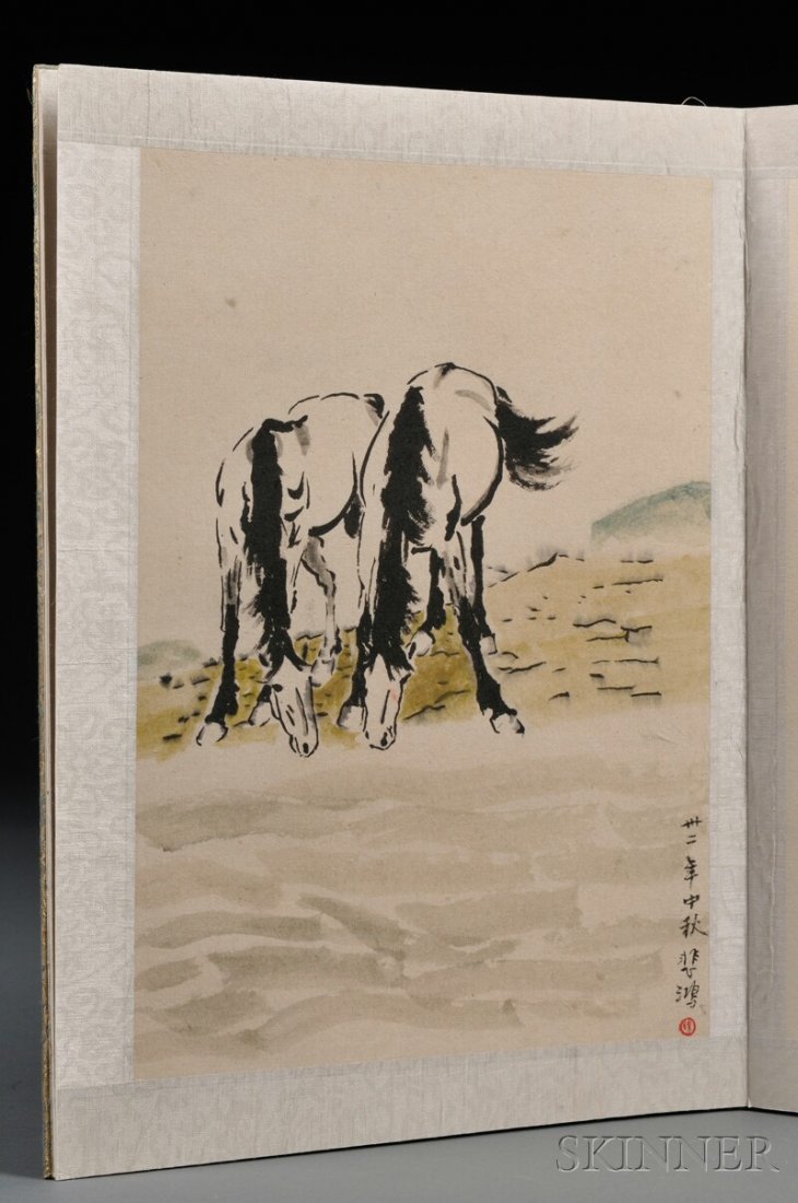 Album Leaf, China, ink and color on paper, in the: Album Leaf, China, ink and color on paper, in the manner of Xu Beihong (1895-1953), eight paintings, each depicting animals, bears signature, each with one seal, 12 x 8 3/4 in.