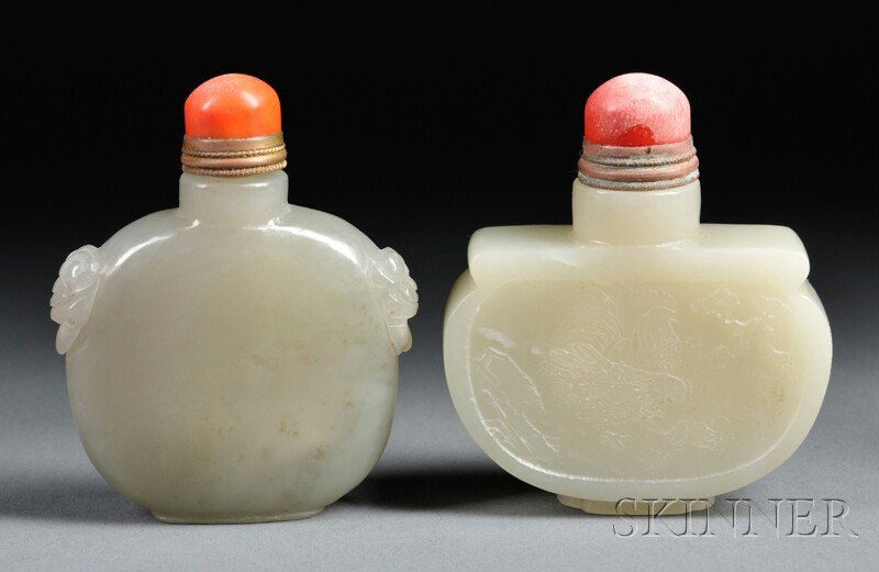 Two Jade Snuff Bottles, China, 19th century, one o: Two Jade Snuff Bottles, China, 19th century, one of pebble form carved with monster-mask handles and mock loose rings, stone of grayish-white color, ht. 2 5/8, the other of flattened globular shape wi