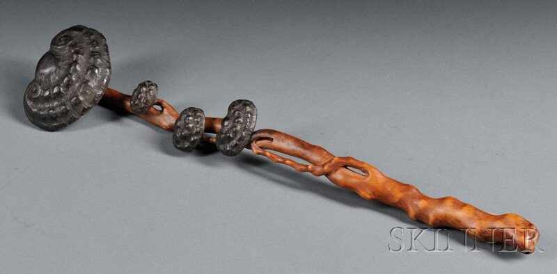 Boxwood Ruyi Scepter, China, 19th century, carved: Boxwood Ruyi Scepter, China, 19th century, carved naturalistically with multiple lingzhi heads made possibly of zitan wood, lg. 14 3/4 in.