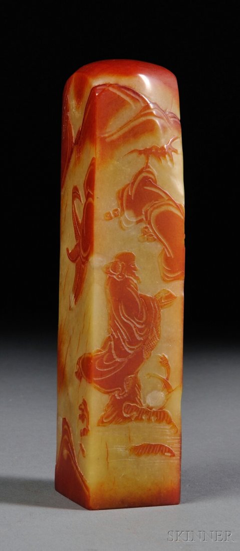 Shoushan Stone Seal, China, 20th century, depictin: Shoushan Stone Seal, China, 20th century, depicting an old man in a landscape, base uncarved, stone of yellow color with red skin, ht. 5 1/2 in.