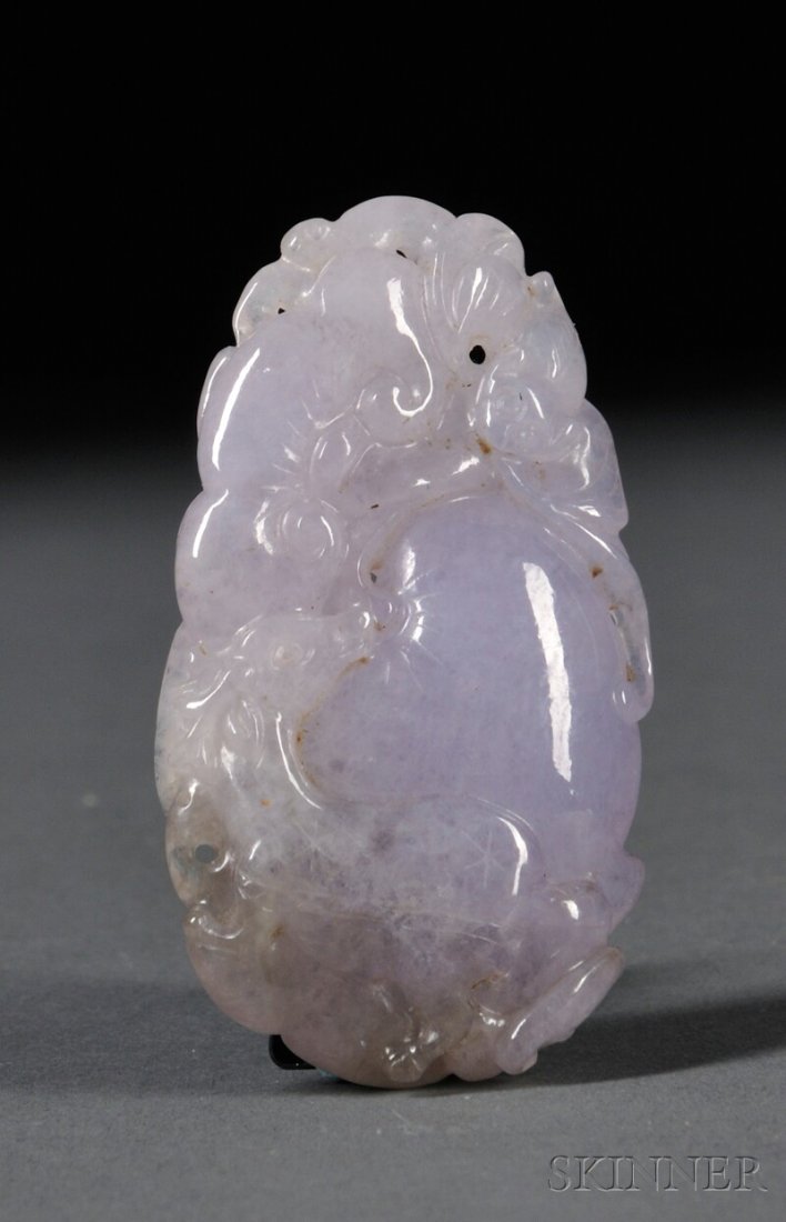 Jade Pendant, China, 20th century, depicting two b: Jade Pendant, China, 20th century, depicting two bats and a deer with lingzhi, stone of pale purple color with gray markings, lg. 1 1/2 in.