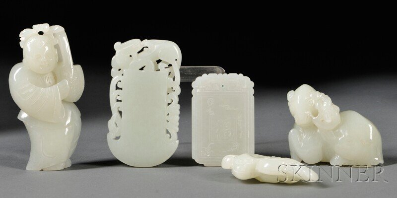Five Jade Items, China, 20th century, one depictin: Five Jade Items, China, 20th century, one depicting an animal, lg. 2 1/4, a crouching ram, lg. 2 1/4, standing figure holding a basket, lg. 3 1/4, axe, lg. 2 3/4, and a pendant depicting a fu characte