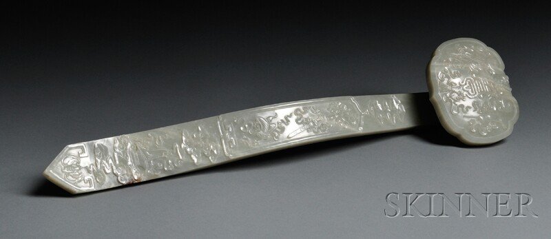 Jade Ruyi Scepter, China, 19th/20th century, the h: Jade Ruyi Scepter, China, 19th/20th century, the head terminal and handle carved with ashou character and double gourd, scrolling celadon, and flute, stone of pale celadon color, lg. 20 in.