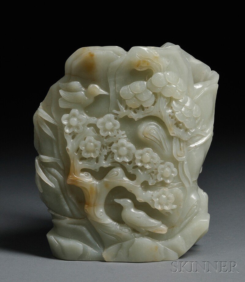Jade Vase, China, 19th century, exterior depicting: Jade Vase, China, 19th century, exterior depicting a continuous scene carved in relief with a scholar with a bird, plum tree, pine tree and bamboo, stone of pale celadon color with some russet marking