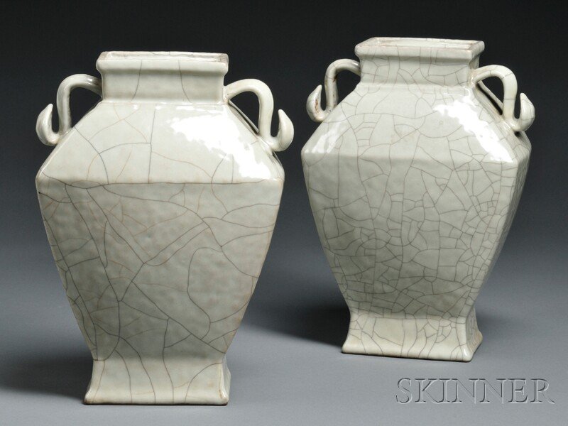 Pair of Ge-ware-style Celadon Vases, China, 19th/2: Pair of Ge-ware-style Celadon Vases, China, 19th/20th century, rectangular baluster form, decorated with a network of iron-wire and golden crackles, neck flanked by scroll handles, with six-character 