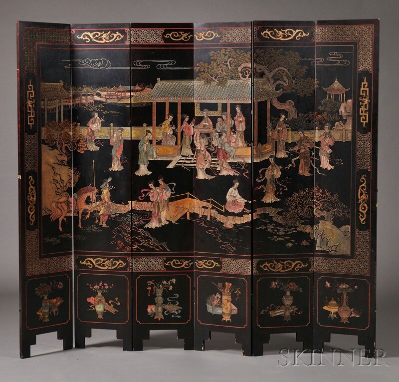 Coromandel Six-panel Wood Screen, China, 19th/20th: Coromandel Six-panel Wood Screen, China, 19th/20th century, carved and painted with figures at leisure, some playing instruments, in garden scenes with pavilions, verandas, rivers, and pine trees, bor
