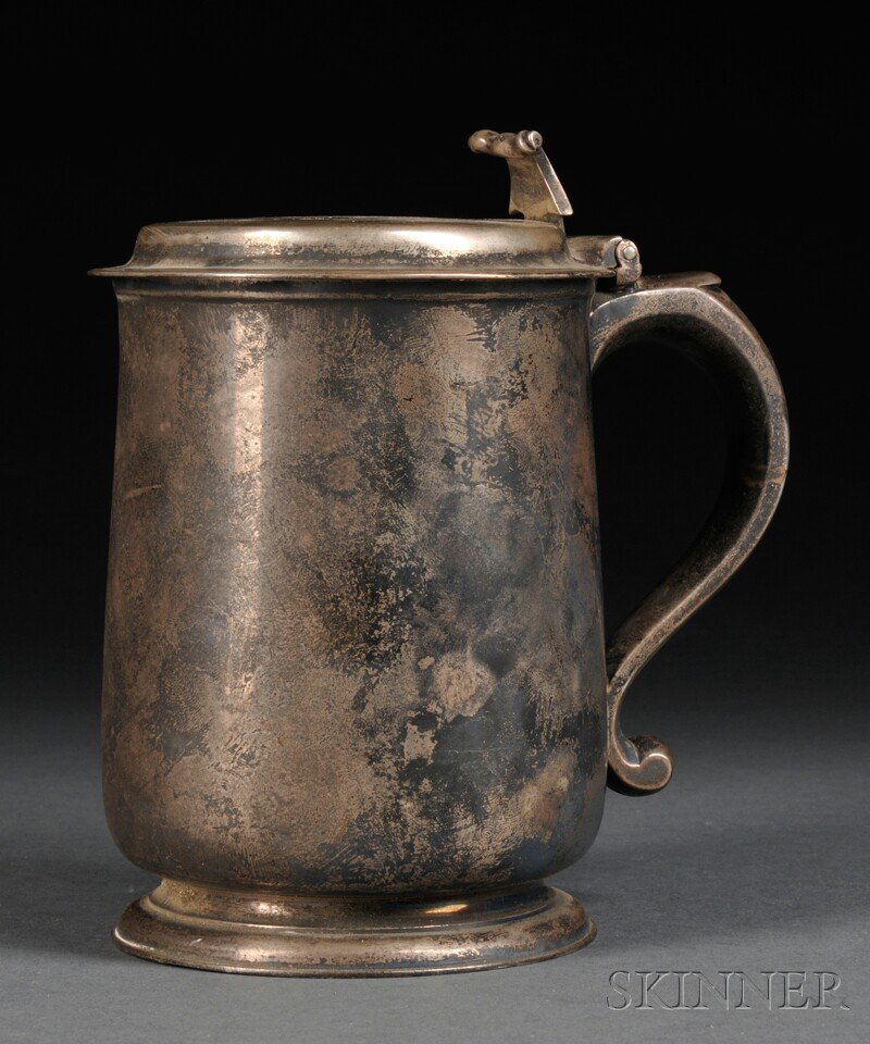 George III Sterling Silver Flat-top Tankard, London: George III Sterling Silver Flat-top Tankard, London, 1779, William Holmes, maker, of typical form with scrolled handle and marks to lid and underside, with monogram "W.M.S 1779," ht. 6 in., approx. 17