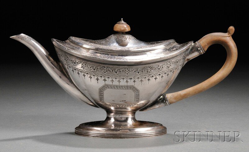 George III Teapot, London, 1788, maker's marks "HC,: George III Teapot, London, 1788, maker's marks "HC," possibly for Henry Chawner, ovoid shape with wooden finial to hinged lid and handle, engraved all over with floral motifs on a flared foot, ht. 5 1