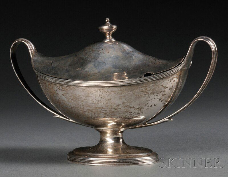 Georgian Silver Classical Covered Urn, London, late: Georgian Silver Classical Covered Urn, London, late 18th century, Henry Chawner, maker, with ovoid finial and reeded details to top rim and flared foot, wd. 8 1/2, dp. 3 3/4 in., approx. 12.9 troy oz.