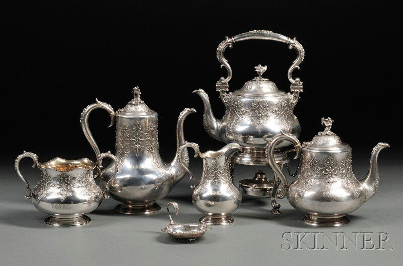 Sterling Silver Tea and Coffee Service with Tray, L: Sterling Silver Tea and Coffee Service with Tray, London, 1856, Robert Hennell II, maker, a tall coffeepot, a squat teapot, a creamer with gold-washed interior and open sugar with a gold-washed interi