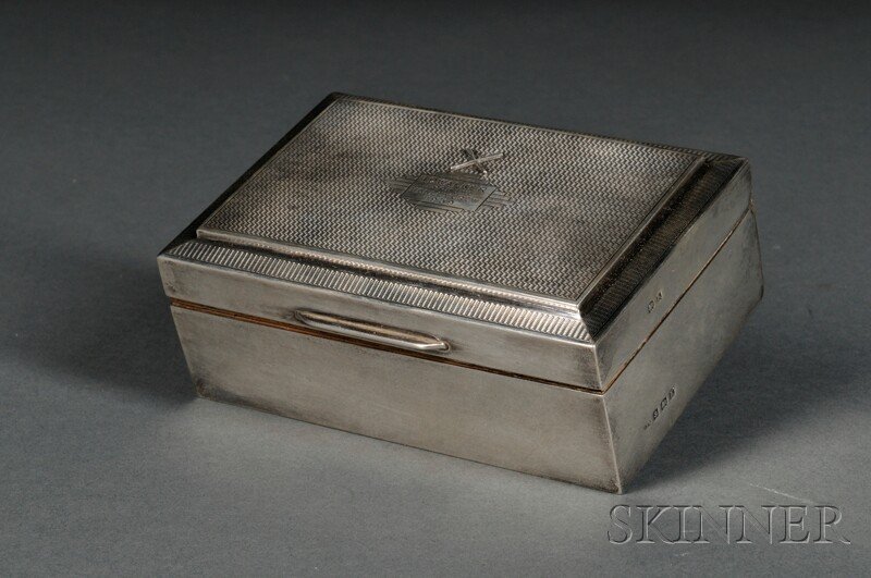 English Silver Presentation Box, Birmingham, 1934,: English Silver Presentation Box, Birmingham, 1934, Israel Sigmund Greenberg, maker, engraved to top "T.D WALKER from the Henley Crew 1939," with a wood-lined interior, ht. 2 1/8, wd. 5 1/4, dp. 3 1/2 