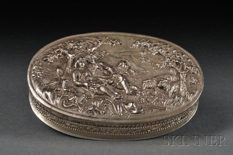 Continental Silver Tobacco Box, 18th century-style,: Continental Silver Tobacco Box, 18th century-style, bearing unidentified marks, oval, the hinged cover with repousse scene of a shepherd and shepherdess beneath a tree, the base with bands of beading