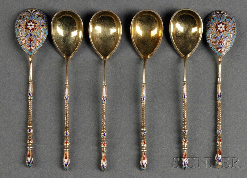 Set of Six Russian Enamel Spoons, Moscow, Russia,: Set of Six Russian Enamel Spoons, Moscow, Russia, c. 1890, maker's mark "GK" possibly for Gustav Klingert, with gold-washed bowls, and multicolored cloisonne enamel decoration to stem and back, back d