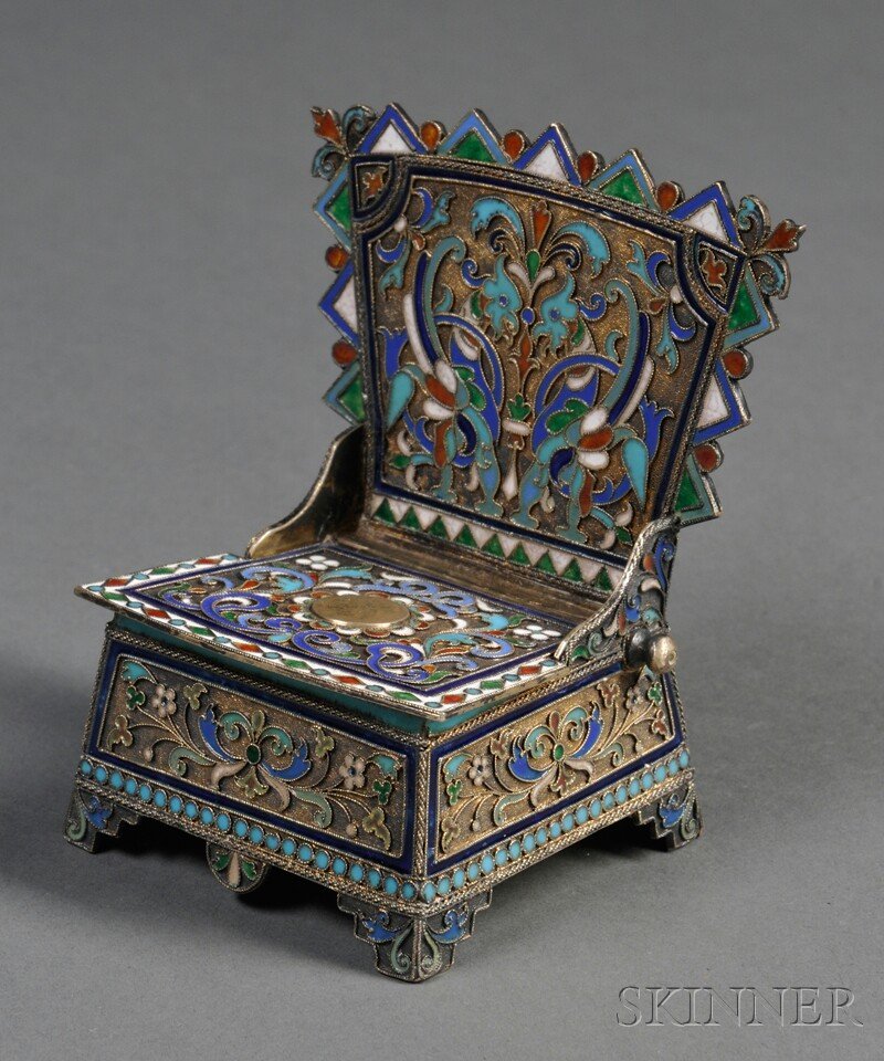 Russian Enamel Salt Cellar, Moscow, 1888, maker's: Russian Enamel Salt Cellar, Moscow, 1888, maker's mark in Cyrillic "IS," possibly for Ivan Saltykov, assayer Viktor Savinkov, salt cellar in the form of a chair with a hinged seat revealing a gold-was