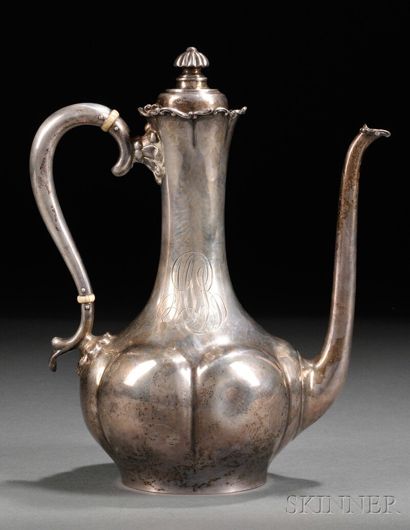 Fuchs & Beiderhase Sterling Silver Ewer, New York,: Fuchs & Beiderhase Sterling Silver Ewer, New York, late 19th century, retailed by Black, Starr & Frost, with shaped handle with ivory heat stops, mushroom finial, monogram "MLB" and a lobed lower body